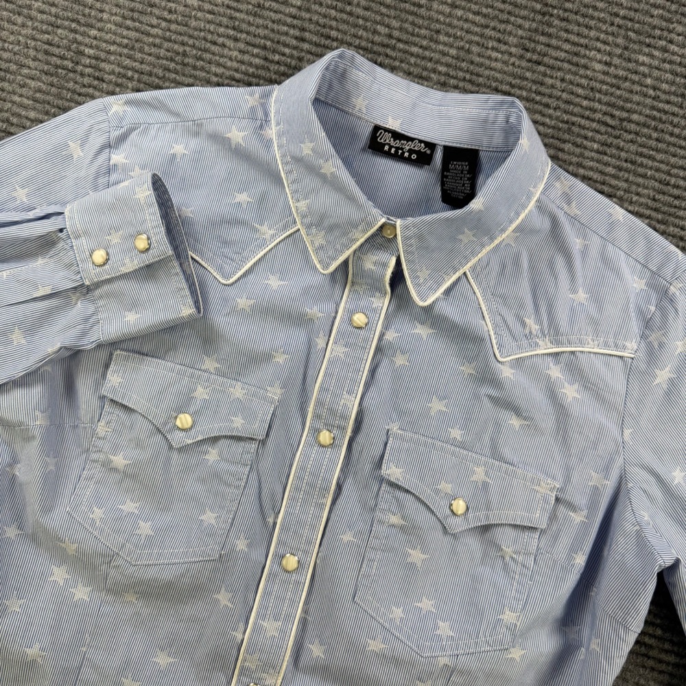 Wrangler Retro Blue Pinstripe Star Western Snap Shirt Womens Medium Long Sleeve